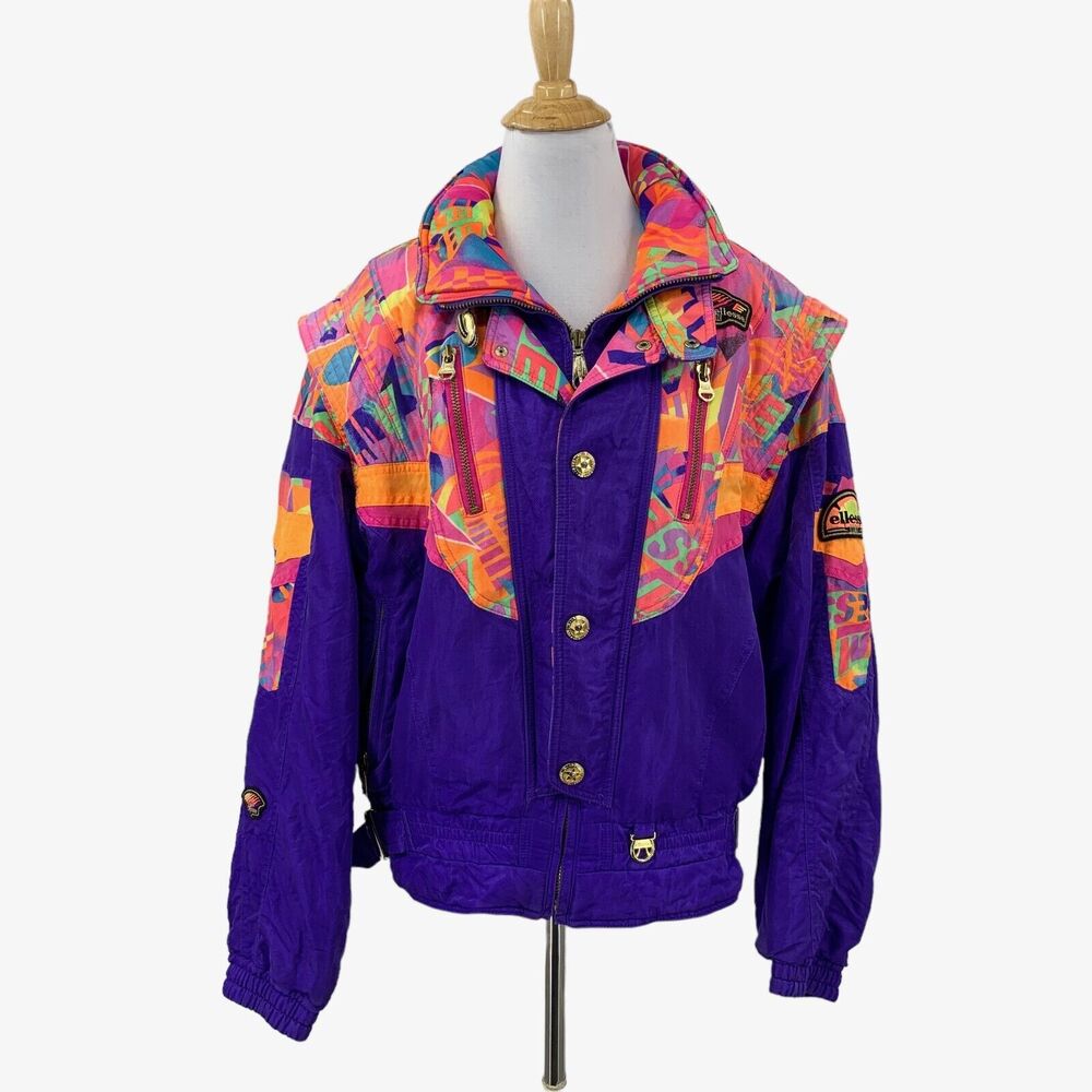 Vintage Ellesse Jacket Womens M Medium Colorful Belted Retro Groovy Ski Bomber